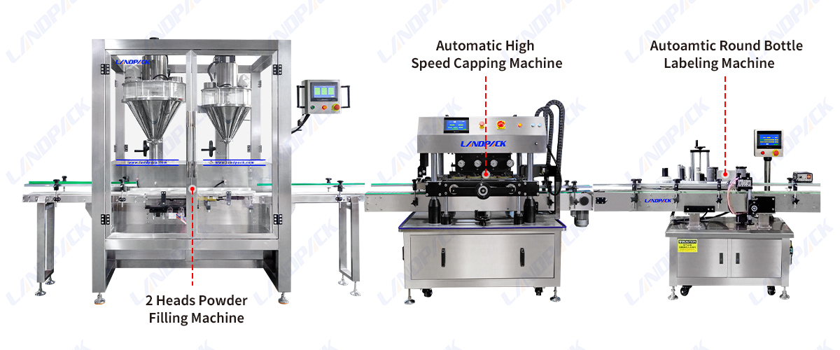 Automatic Double Heads Talcum Powder Canister Weighing Filling Capping Labeling Machine Lines