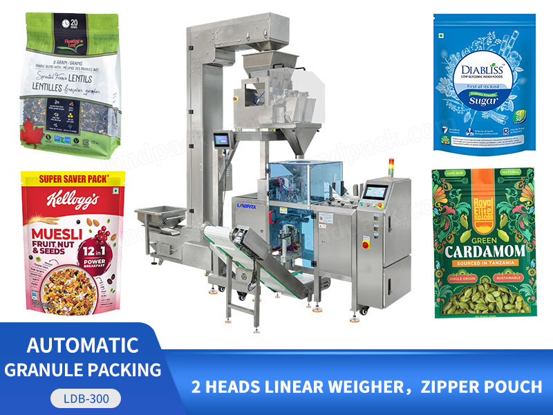 Fully Automatic 2 Heads Linear Weigher Zipper Pouch Mini Doypack Granule Packaging Packing Machine