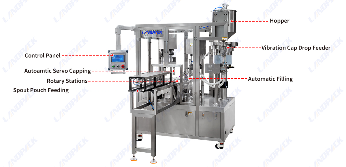 Automatic 2 Nozzle Fill Spout Pouch Soft Liquid Doypack Filling Capping Sealing Machinery Premade Bag Packing Machine