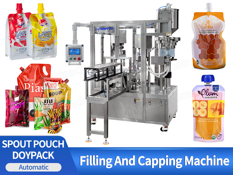 Automatic 2 Nozzle Fill Spout Pouch Soft Liquid Doypack Filling Capping Sealing Machinery Premade Bag Packing Machine